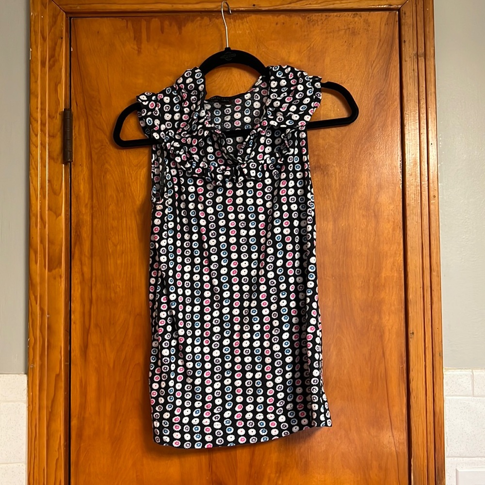 Adorable sleeveless black cotton blouse with blue pink purple flower design